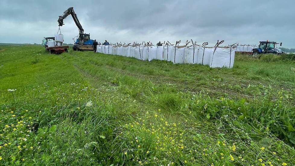 De boeren hopen met zandzakken het hoge water de baas te blijven.