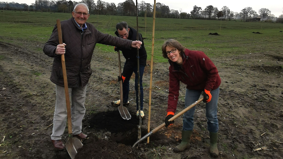 Anita Wentink (rechts op de foto) samen met haar vader (links op de foto) en haar man Armando (midden op de foto) planten een van de walnotenbomen.