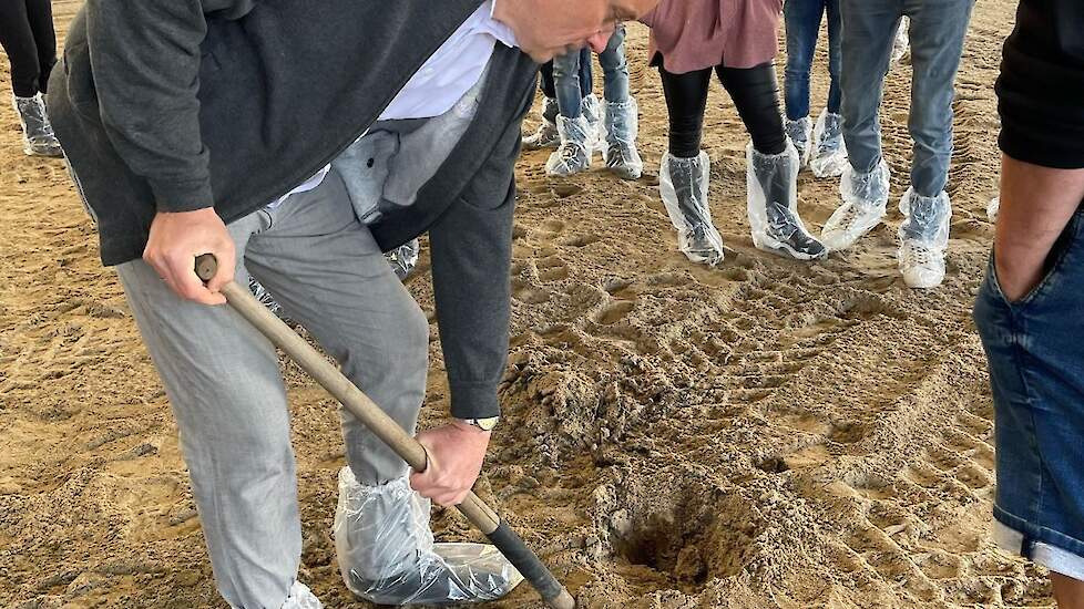 Directeur Henk Hanskamp demonstreert de zandbodem, bestaand uit drainagezand. Een tot twee keer per jaar moet de zandbodem aangevuld worden. Kosten 15-20 Euro per ton.