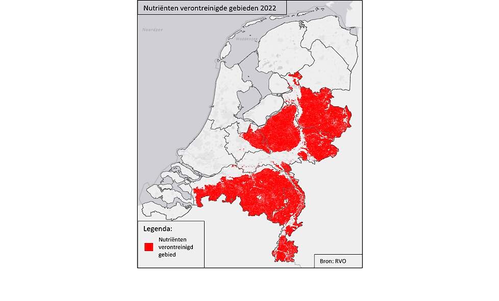 Op de kaart staan de percelen die zijn aangewezen als nutriënten verontreinigd gebied vanuit grondwater aangegeven. Dit betreft de zand- en lössgronden in de provincies Overijssel, Gelderland, Utrecht, Noord-Brabant en Limburg.