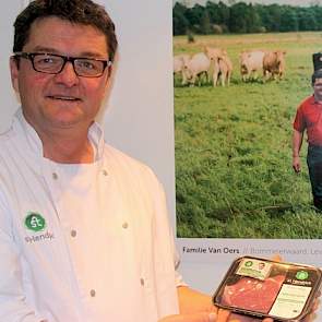 De slager met op de achtergrond zijn broer, de boer die de Blonde d’Aquitaine runderen levert. Het St. Hendrick biologische rundvlees is volgens slager Henk van Oers puur vlees zonder poespas. De goedlachse oprichter van de Groene Weg deelt op de beurs le