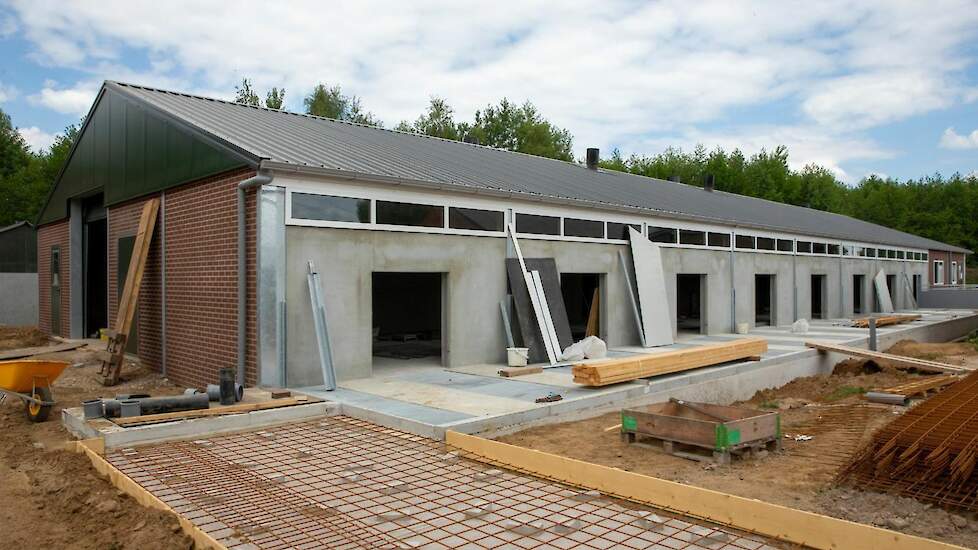 De nieuwe kraamopfokstal in aanbouw.