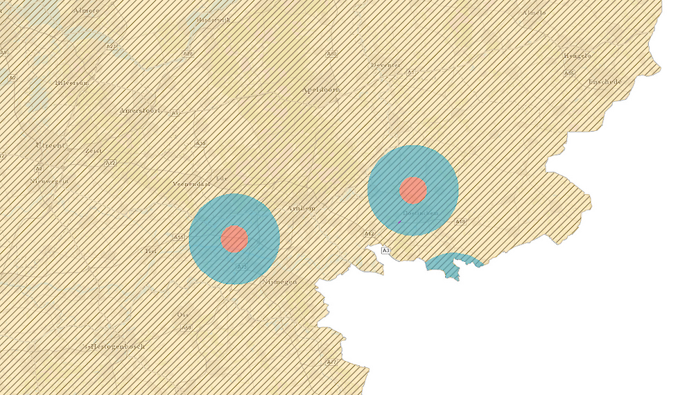 De drie beperkingsgebieden rond Dodewaard, Hummelo en de Duitse grens.