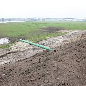 Buizen dwars door de dijken moeten zorgen dat regenwater buitendijks wordt afgevoerd. 'In de winter niet vergeten om de buizen af te doppen. Anders stoomt het rivierwater juist daardoor het erf op', lacht Reijers. Bij deze buis die uit de terp steekt, is